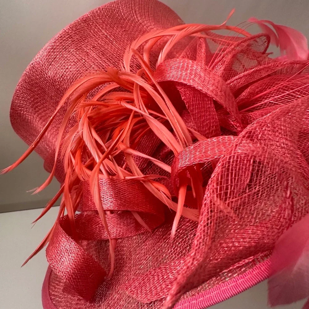 Emma B Design Balfour Hats England Coral Pink Sinamay Feather Fascinator Hat